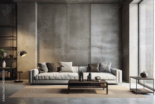 A modern industrial living room with a concrete wall backdrop and a sofa framed in a mock-up. Generative AI © Freddie