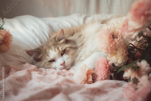 Cat napping portrait on the bed with flowers, Generative AI