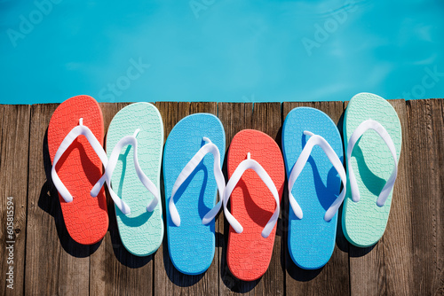 Beach flip-flops on wooden planks near swimming pool