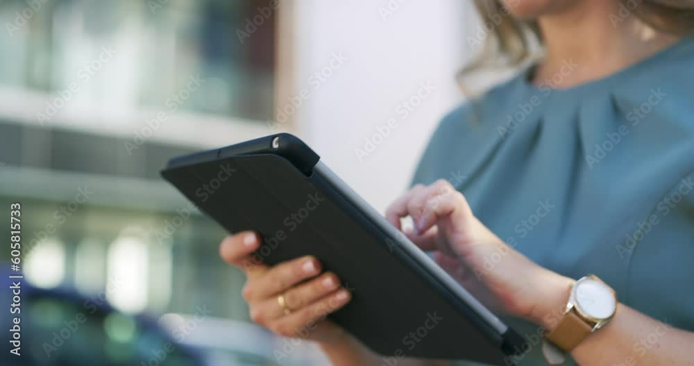 Search, tablet and hands of business woman in city for social media, email and website. Technology, internet and app with closeup of female employee browsing for professional, digital and networking