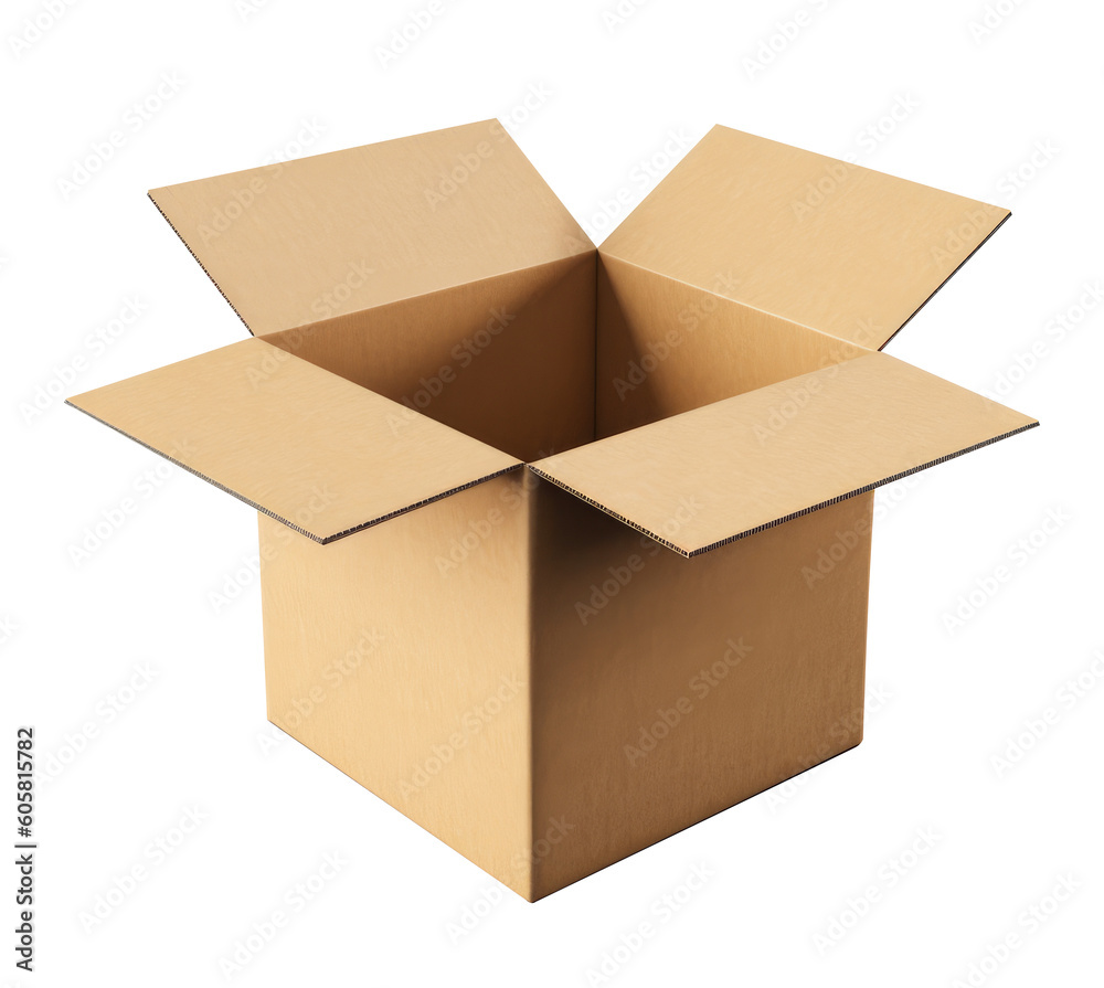 Open cardboard box isolated on white, transparent background, PNG, mockup, ai