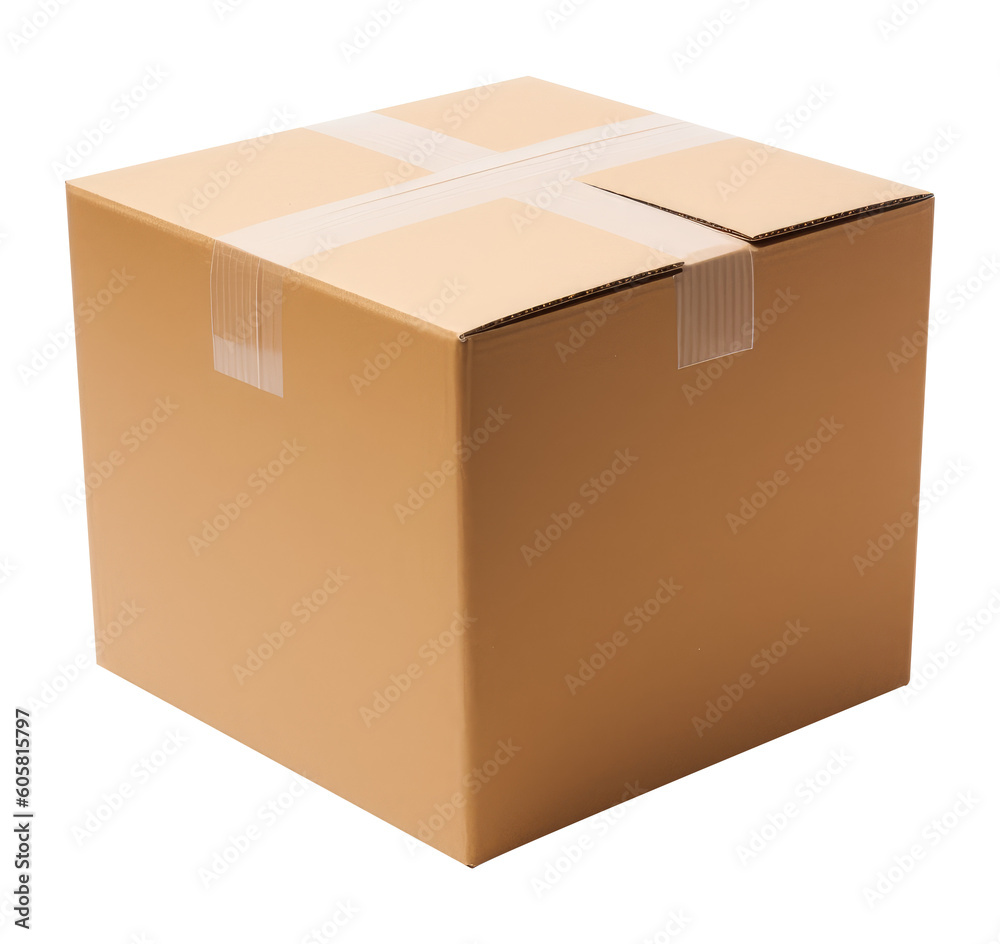Closed cardboard box isolated on white, transparent background, PNG, mockup, ai