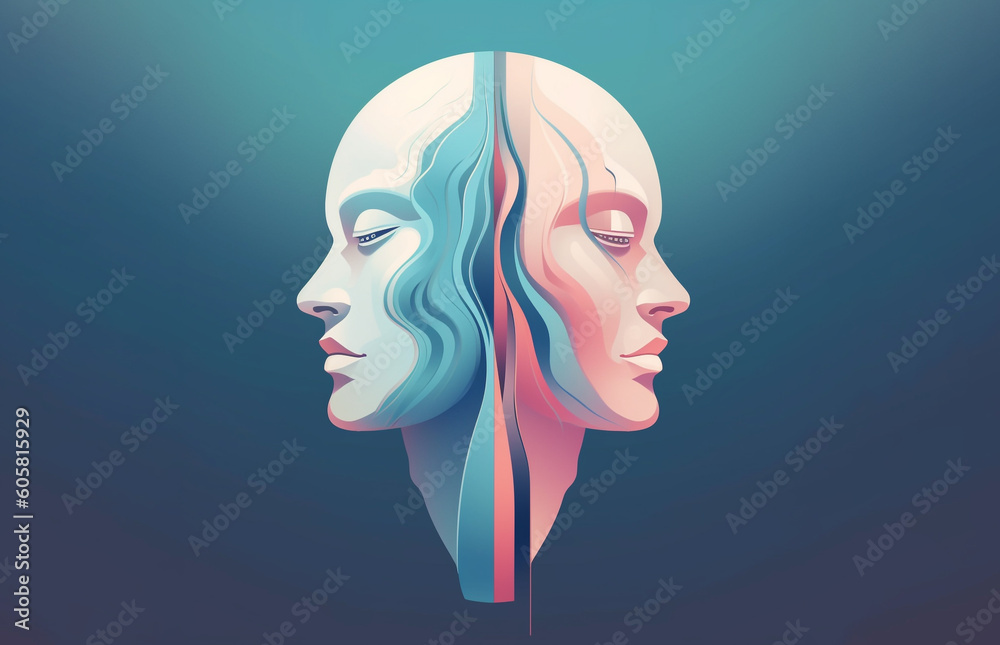 Mood disorder. Split personality. Bipolar disorder mind mental. Dual personality concept. Created using generative AI tools.