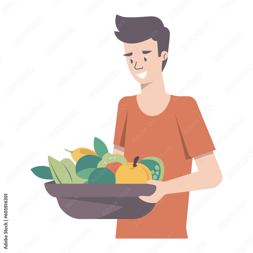 Smiling boy holding fresh fruit basket Smiling boy holding fresh fruit basket