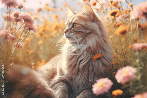 Cat portrait in the flower garden, Generative AI