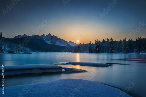 A serene frozen lake at night  illuminated by the shimmering moonlight