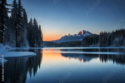 A serene frozen lake at night, illuminated by the shimmering moonlight