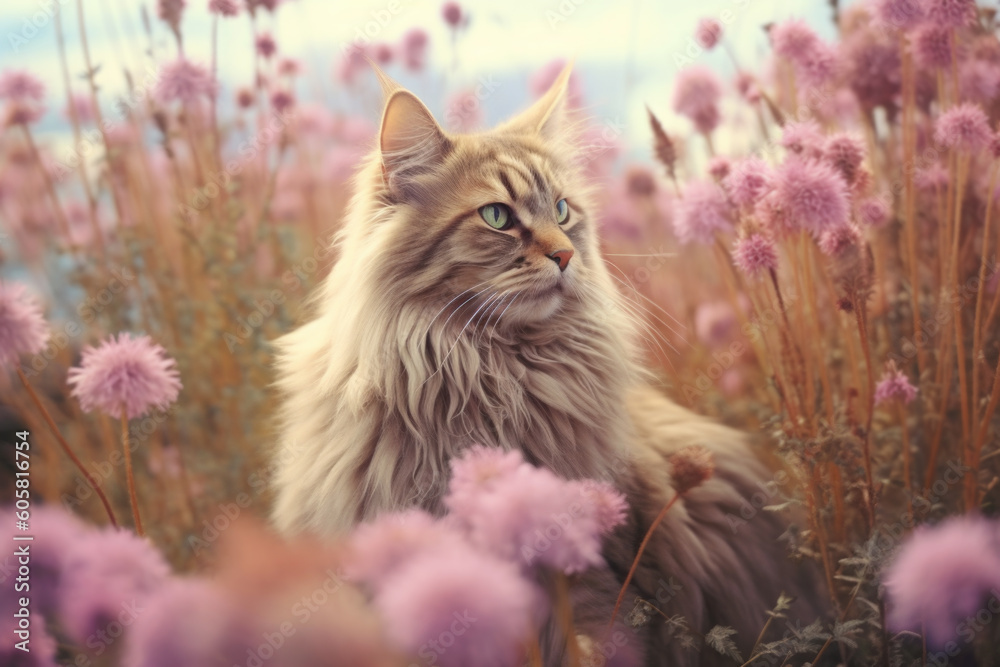 Cat portrait in the flower garden, Generative AI
