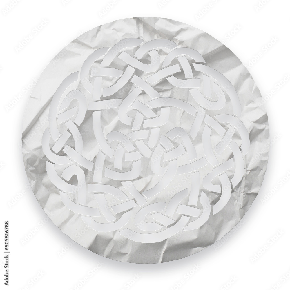 Intricate circular Celtic knot design cut out of crumpled white paper isolated on transparent background Intricate circular Celtic knot design cut out of crumpled white paper isolated on transparent background