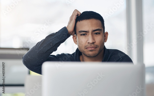Konstfotografi Business, confused and man with a laptop, stress and schedule with internet connection, thinking and online reading