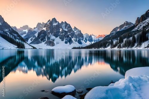 A frozen lake nestled among towering snow-capped mountains, creating a breathtaking alpine landscape