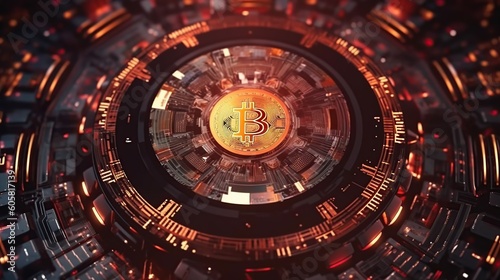 Bitcoin on abstract background. Cryptocurrency concept. Futuristic interface. Sci-fi style. Created with generative AI technology. © BinaryBard