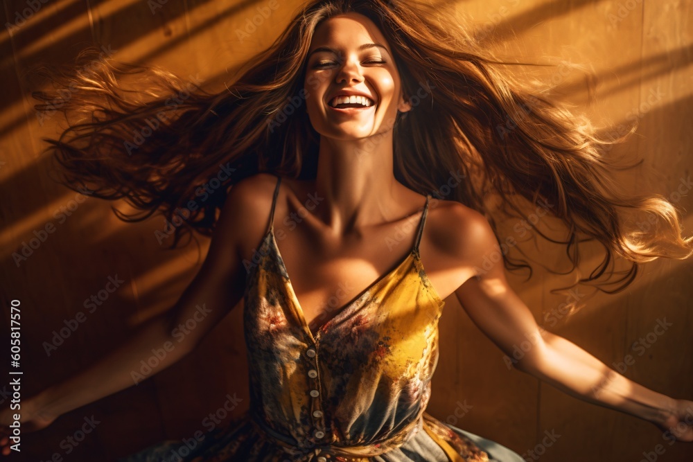 Fototapeta premium A beautiful AI generated non existing woman dancing in a summer dress