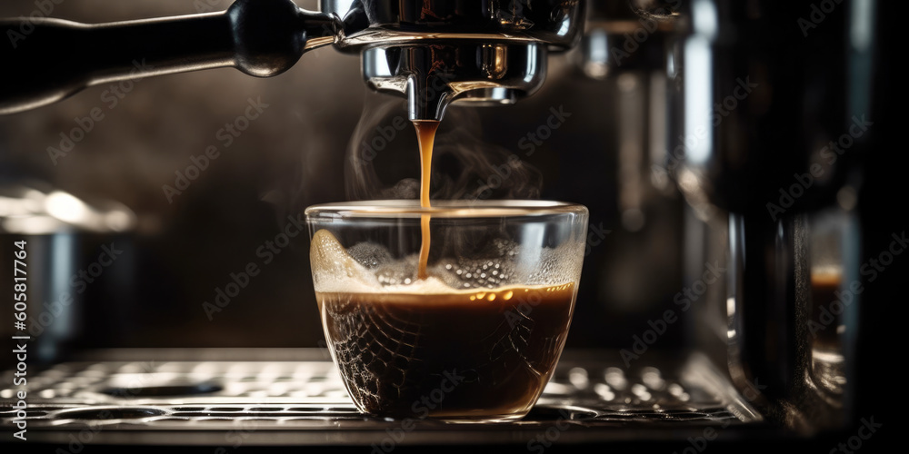 Coffee machine making espresso coffee close up