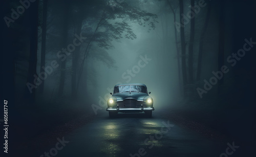 Old classic car on a wet road covered in fog with bright headlights. Generative AI.