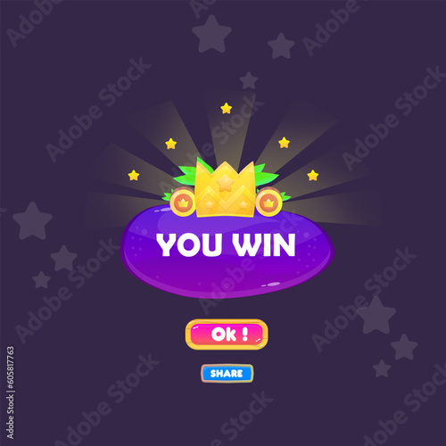 You Win Game UI Badge Pop Up Icon Reward Prize Premium Crown Coins Stars Purple Button Magic Shine Buttons Cartoon Cute Vector Design