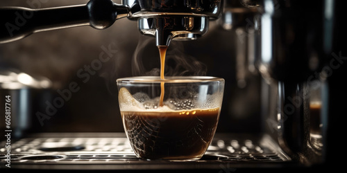 Coffee machine making espresso coffee close up