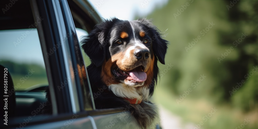 Portrait of cute bernese shepherd on the car window vacation travel