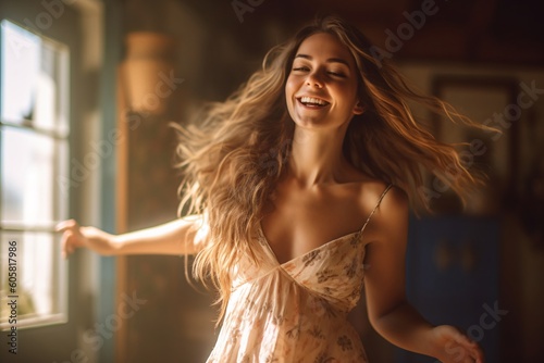 A beautiful AI generated non existing woman dancing in a summer dress