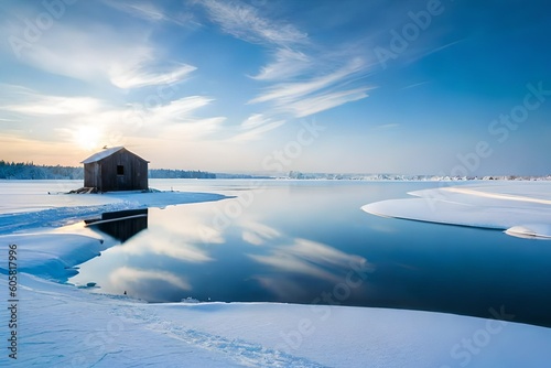 A frozen lake with a lone ice fishing hut, surrounded by a vast snowy landscape