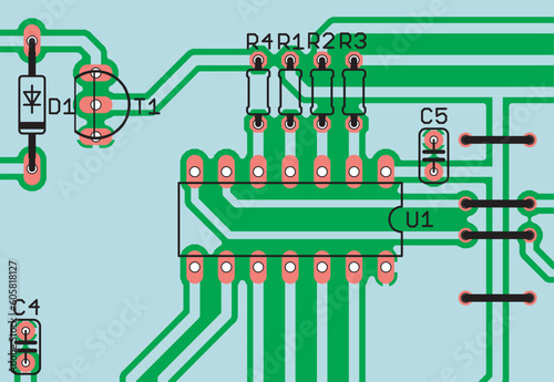 Vector placement of electronic components
(resistors, diode, transistor, ic,
jumpers, capacitor) on a printed circuit board.
Seat, contact pads, transition holes,
metallized surfaces and conductors.