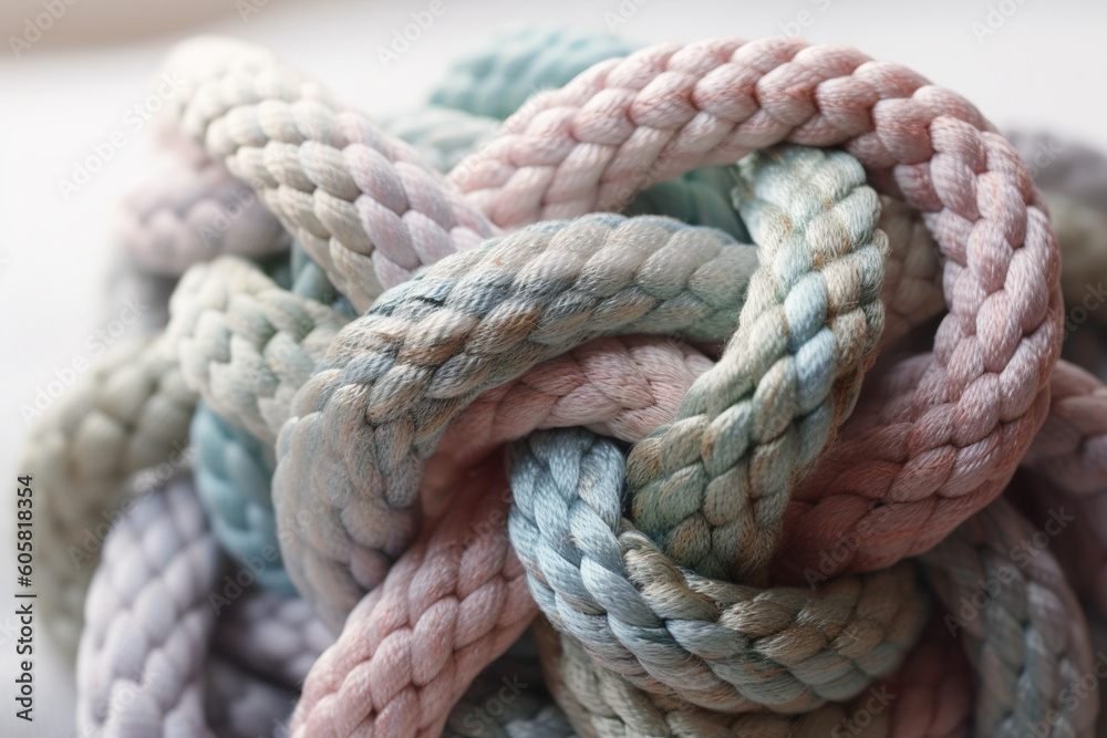 Tied rope knot, close-up. Problem concept. AI generated image. Tied rope knot, close-up. Problem concept. AI generated image.