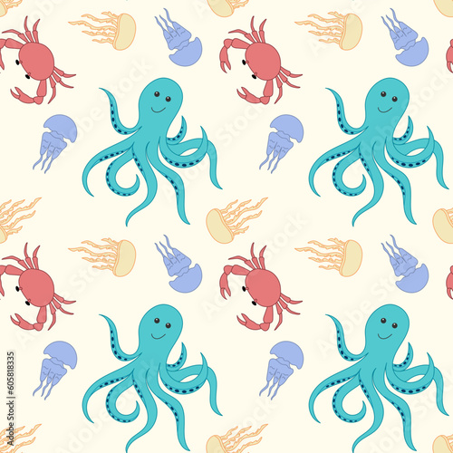 Colorful hand drawn pattern sea life animals Cartoon octopus  jellyfish and crab background. Seamless pattern of the underwater world.