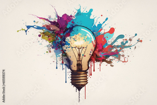 Light bulb with splash of colors creative design concept idea. Ai generated
