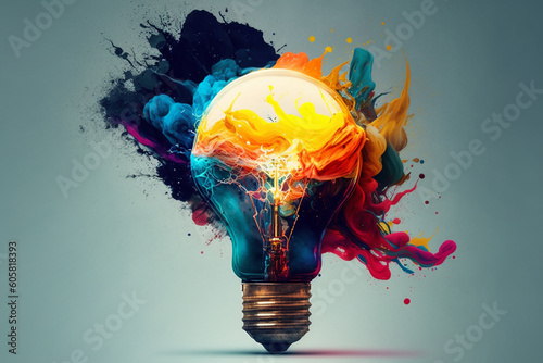 Light bulb with splash of colors creative design concept idea. Ai generated