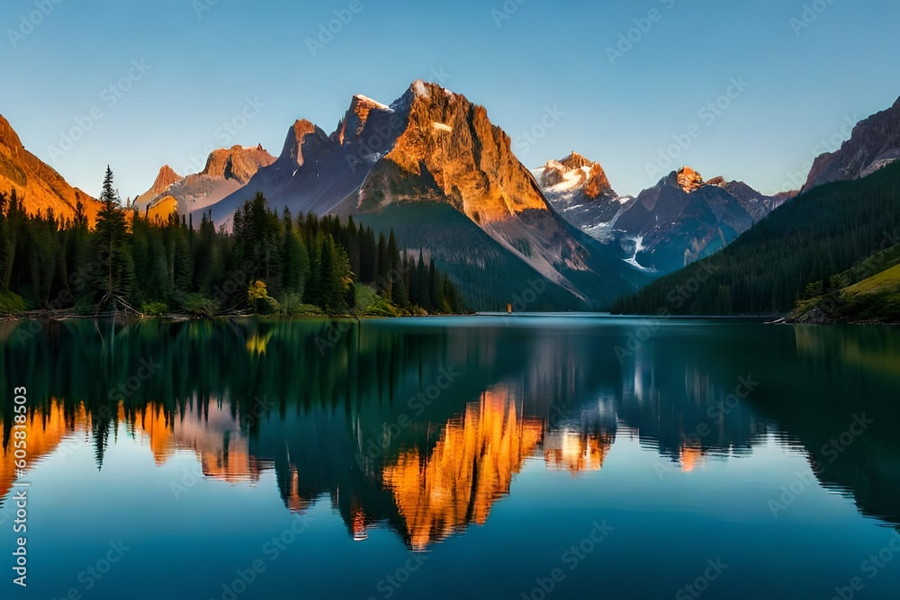 A serene mountain lake nestled between towering peaks, reflecting the surrounding scenery