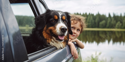 Portrait of cute bernese shepherd and little boy on the car window vacation travel