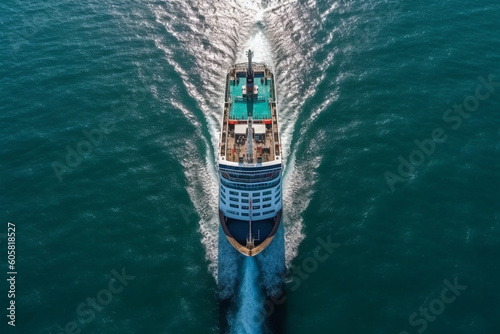 Aerial drone view of a passenger vacation cruise ship. Ai generated © dragomirescu