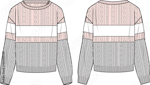 Women's Cable Colour-block Sweater- Technical fashion illustration. Front and back, colored. Women's CAD mock-up.