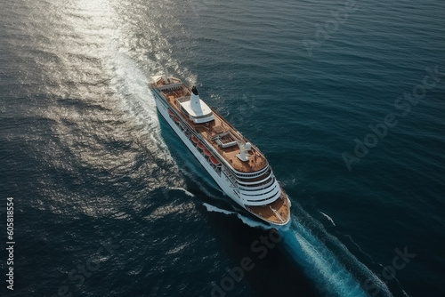 Aerial drone view of a passenger vacation cruise ship. Ai generated