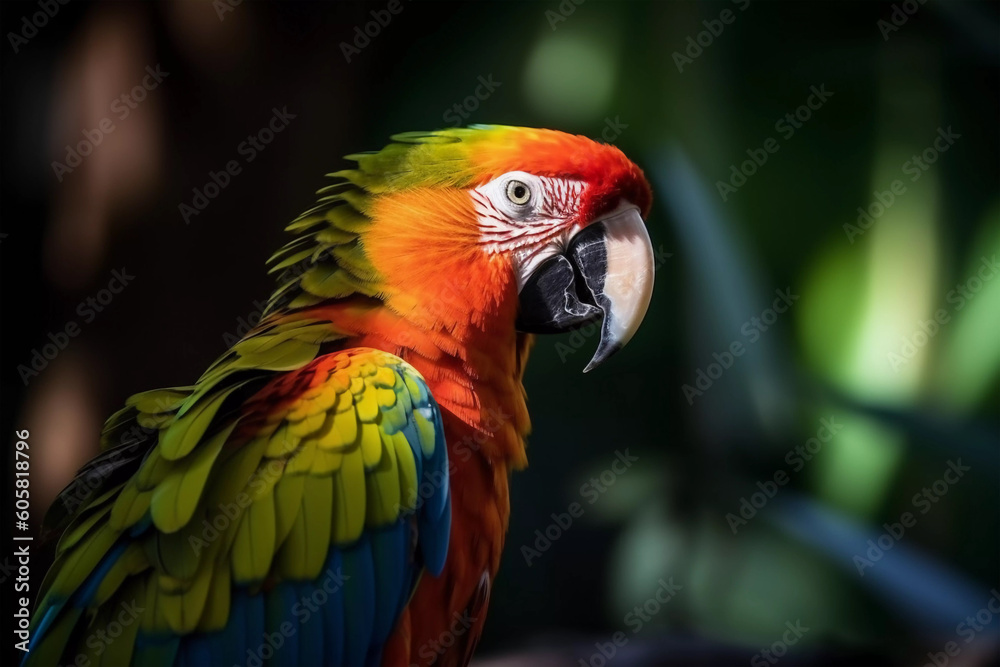 Colorful parrot in the jungle. Vibrant beauty of tropical wildlife. Created with Generative AI