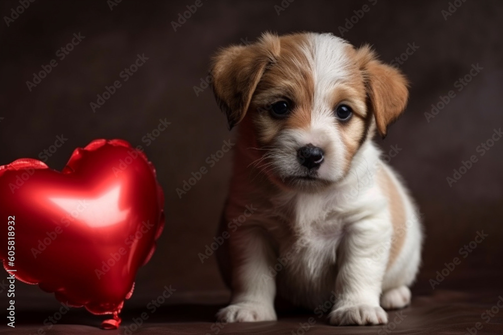 Cute puppy dog portrait with balloon. Ai generated