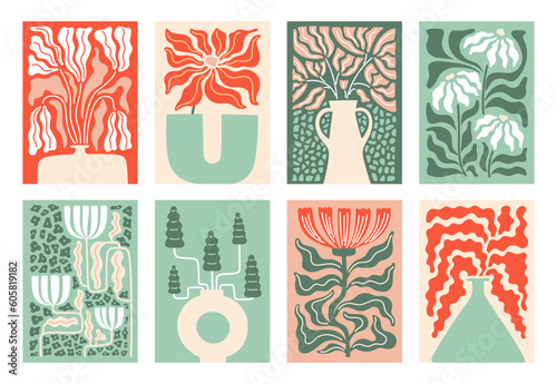 Abstract flower pattern. Floral graphic posters, modern vintage nature art, pastel plant picture painting, retro groovy blossom garden, matisse style, botanical market decoration. Vector illustration