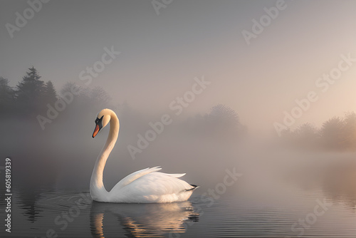 A beautiful swan on a lake with fog. Generative AI