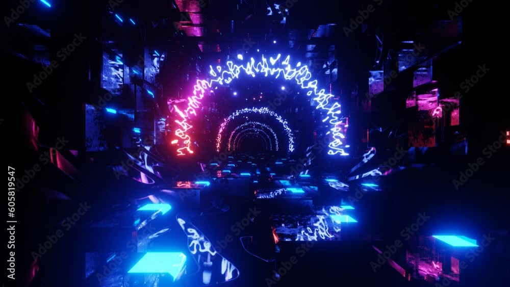 80's neon light style flight. Hi-tech neon sci-fi tunel. Trendy neon glow lines form pattern and construction in mirror tunnel. Fly through technology cyberspace. 3d looped seamless 4k bright bg.