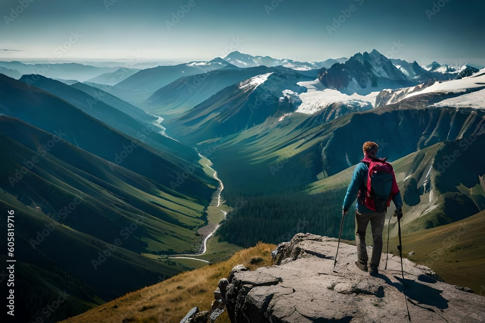 A hiker standing on a rocky ledge, overlooking a vast valley with mountains as far as the eye can see A hiker standing on a rocky ledge, overlooking a vast valley with mountains as far as the eye can see