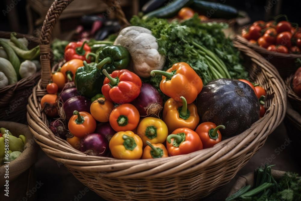 A basket of vegetables and food ingredients AI-generated art, Generative AI, illustration A basket of vegetables and food ingredients AI-generated art, Generative AI, illustration