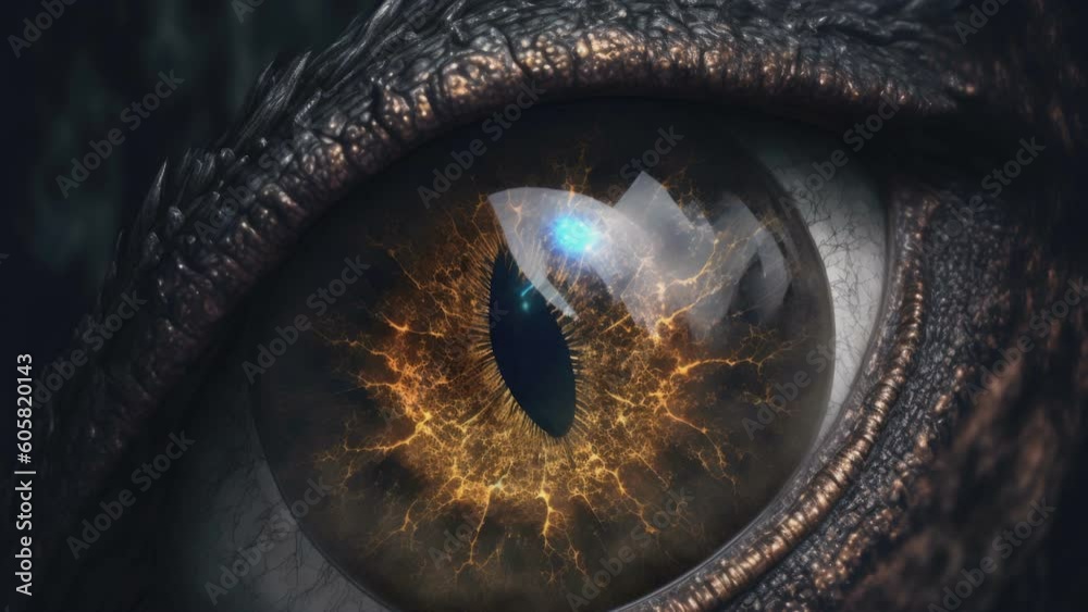 The brown eyes of the reptile with the black veins around as seen on a closer look AI generated