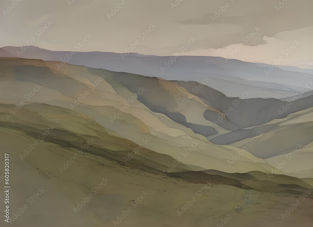 watercolor impressionist style painting of a rugged moorland landscape with green hills and pennine mountains in the distance, generative ai