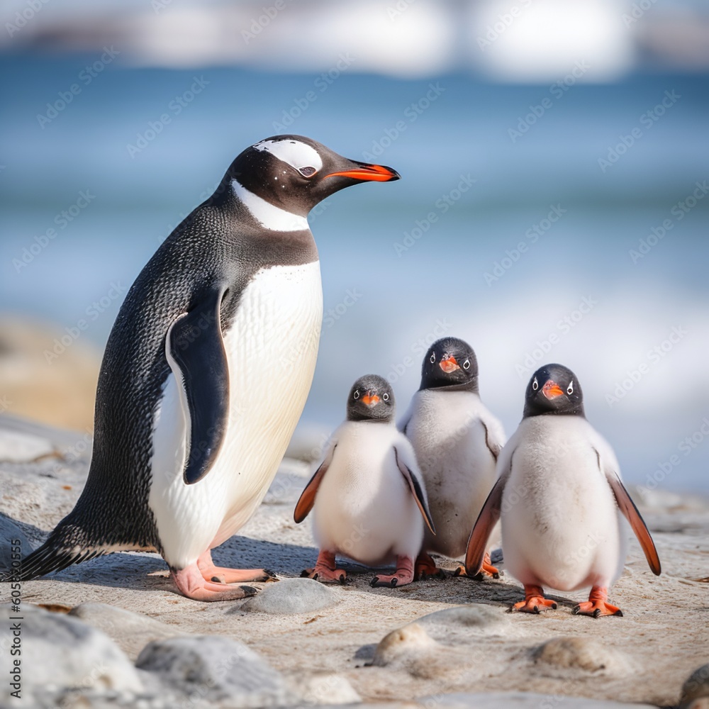 Fototapeta premium Adorable Gentoo Penguin Family by the Shoreline