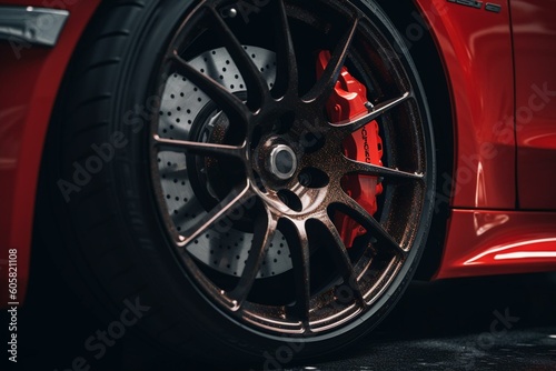 Red brake calipers and discs from a race car on white background. Generative AI