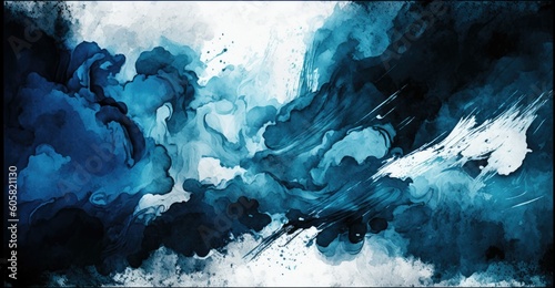 Storm abstract, sea blue and white waverly watercolor, wallpaper or background, generative ai photo