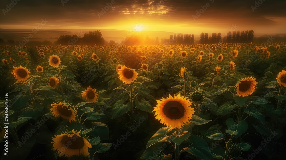 Sunset Over the Sunflower Field: A Captivating View by Generative AI