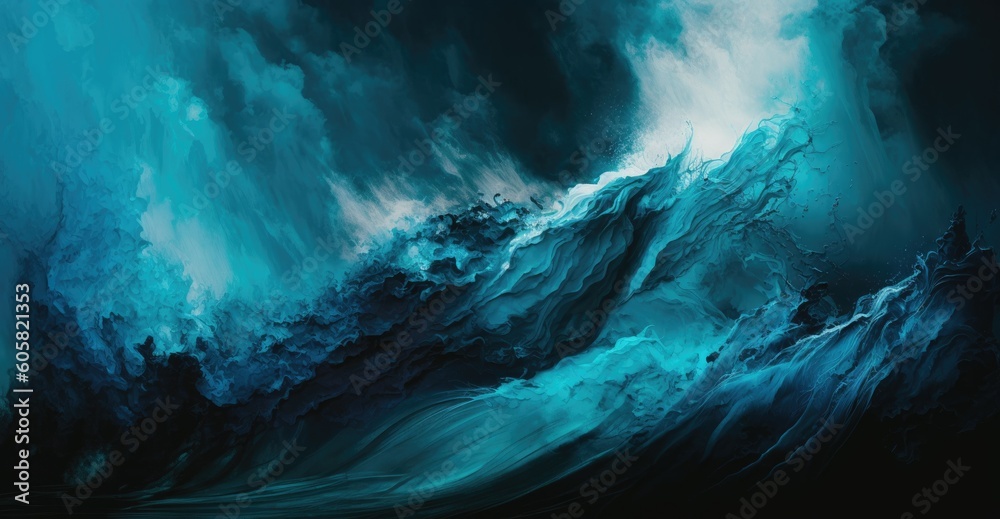 Blue waves smoky background, abstract splashing sea water, generative ai
