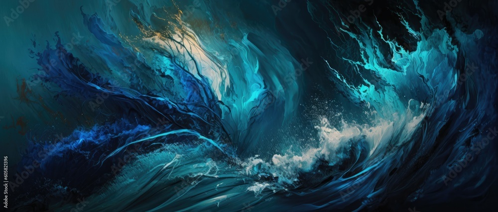 Naklejka premium Blue waves smoky background, abstract splashing sea water, generative ai