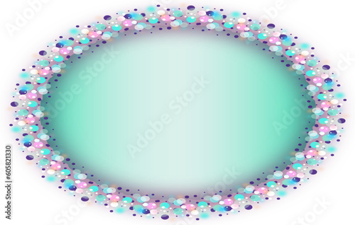 Stylish multi-colored elliptical frame. Blurred circles of pastel colors arranged in an ellipse with a pastel green background in the middle, with empty space for marketing or other message